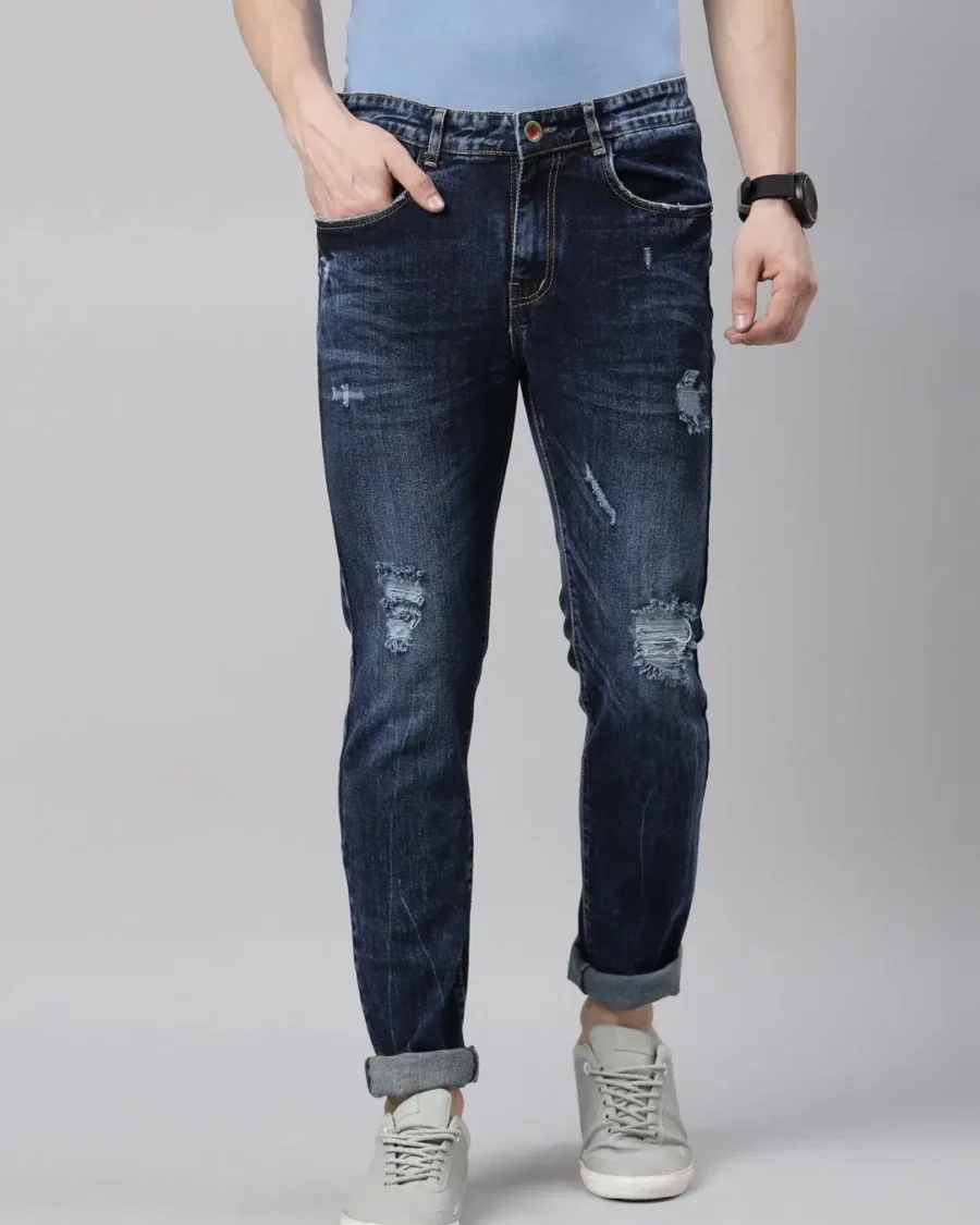 Blue Distressed Slim Fit Cotton Absorbent Jeans For Men - Image 4