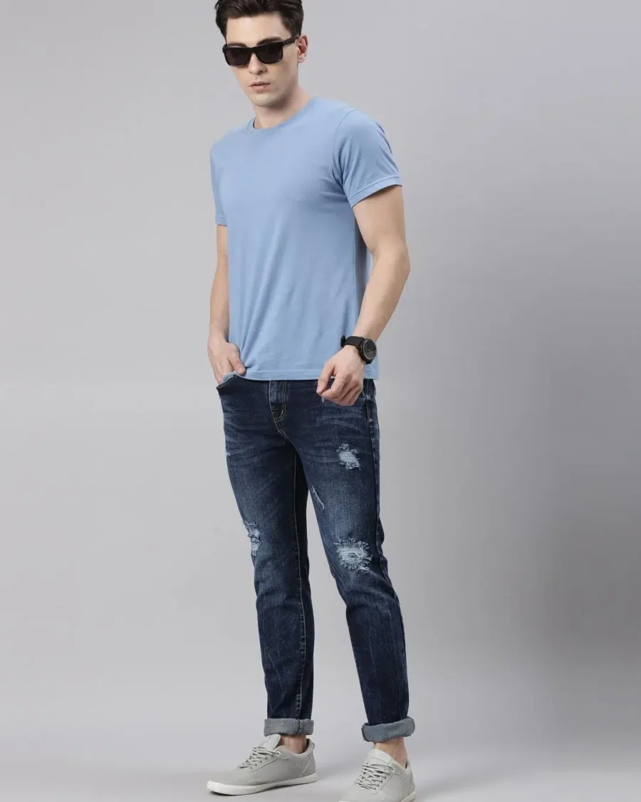 Blue Distressed Slim Fit Cotton Absorbent Jeans For Men - Image 2