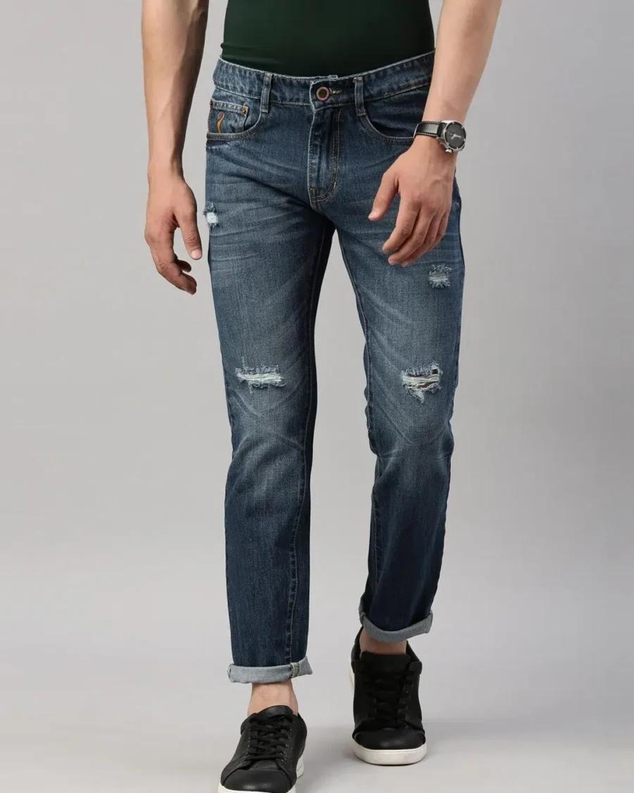 Blue Slim Fit Distressed Jeans For Men