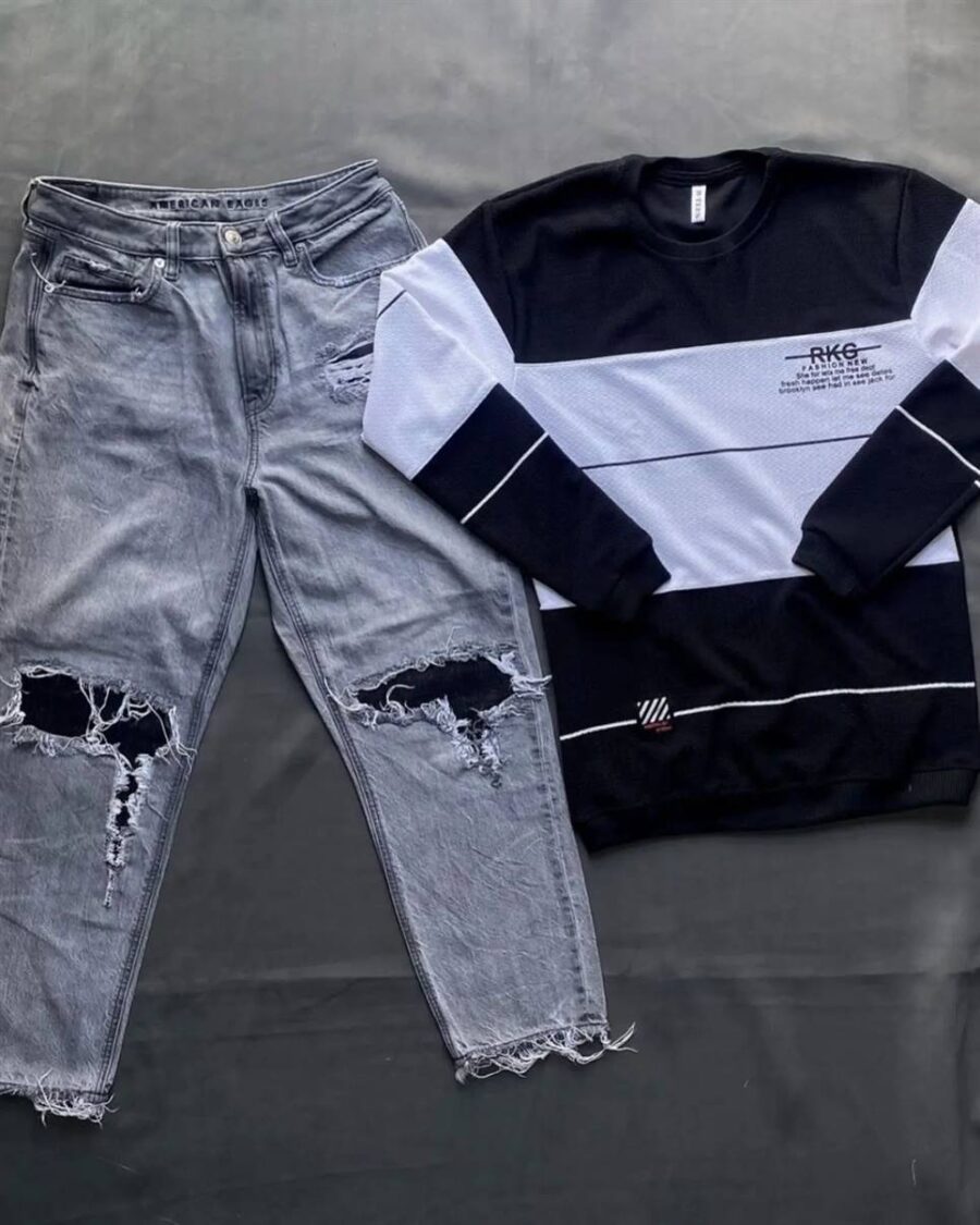 Men's Stylish Branded Sweatshirt & Distressed Jeans Combo - Image 2