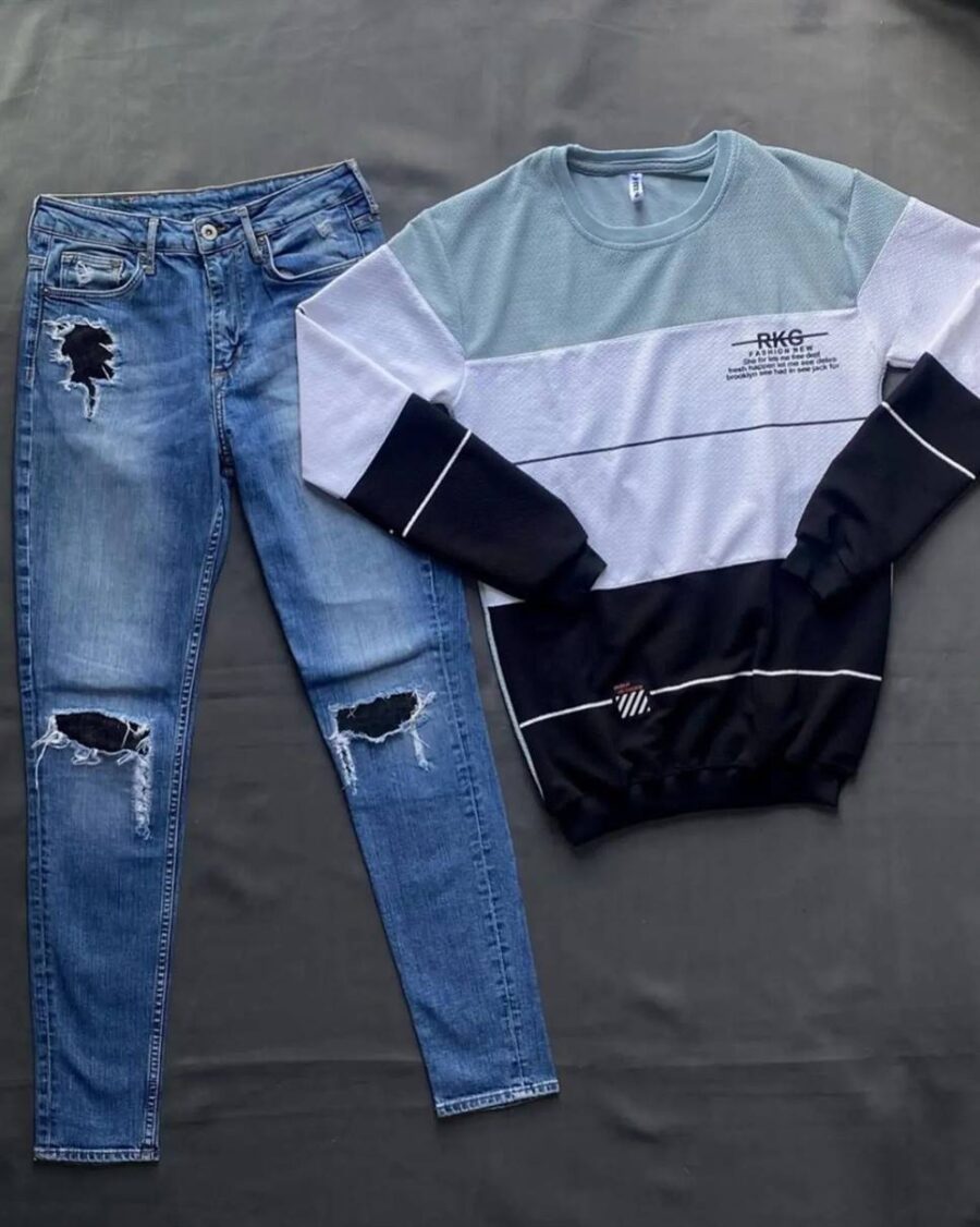 Men's Stylish Branded Sweatshirt & Distressed Jeans Combo - Image 5